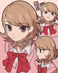 Rule 34 | 1girl, absurdres, bow, bowtie, brown eyes, cardigan, choker, collared shirt, expressionless, highres, light brown hair, looking at viewer, multiple views, nzeneee, persona, persona 3, pink cardigan, profile, red bow, red bowtie, shirt, sketch, sweatdrop, takeba yukari