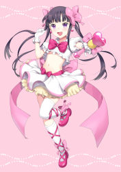 Rule 34 | 1girl, :d, black hair, blend s, bow, cosplay, earrings, gloves, hair bow, hand up, jewelry, long hair, looking at viewer, magical girl frill, midriff, navel, open mouth, pink background, pink bow, pink footwear, purple eyes, quad tails, sakuranomiya maika, shoes, skirt, smile, sparkle, standing, standing on one leg, thighhighs, unya (unya-unya), wand, white gloves, white skirt, white thighhighs