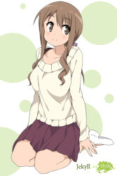 Rule 34 | 1girl, brown eyes, brown hair, matsumoto yoriko, mizuki makoto, no socks, shoes, sitting, skirt, smile, solo, sweater, yuyushiki
