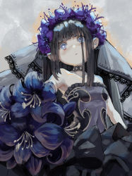 Rule 34 | 1girl, bare shoulders, black bow, black dress, black hair, blue eyes, bouquet, bow, breasts, closed mouth, collarbone, commentary request, dress, flower, hair flower, hair ornament, head tilt, holding, holding bouquet, long hair, looking at viewer, okuma mai, original, purple flower, small breasts, solo, strapless, strapless dress, veil