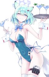 Rule 34 | 1girl, absurdres, alternate costume, animal ears, aqua hair, bare shoulders, blue archive, blue leotard, breasts, closed mouth, covered navel, cup, drinking straw, hands up, highres, holding, holding cup, holding tray, holster, large breasts, leotard, looking at viewer, one eye closed, purple eyes, shigure (blue archive), short hair, simple background, smile, solo, strapless, strapless leotard, tail, thigh holster, thighhighs, tray, visu 02, weasel ears, weasel girl, weasel tail, white background, white thighhighs, white wrist cuffs, wrist cuffs