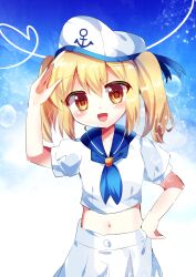 Rule 34 | 1girl, absurdres, anchor symbol, blonde hair, blue neckerchief, blue ribbon, blue sailor collar, blue sky, blush stickers, bubble, chisen maimai, commentary, denim, denim shorts, hand on own head, hand on own hip, hat, hat ribbon, heart, highres, kitashirakawa chiyuri, midriff, neckerchief, open mouth, puffy short sleeves, puffy sleeves, ribbon, sailor, sailor collar, sailor hat, salute, shirt, short sleeves, shorts, sky, smile, touhou, touhou (pc-98), twintails, two side up, white hat, white shirt, white shorts