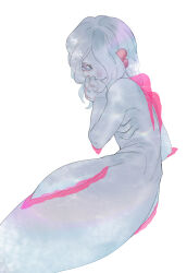 Rule 34 | 1boy, androgynous, animal ears, arm fins, back fin, blue eyes, caustics, closed mouth, completely nude, covering own mouth, facial mark, fins, from behind, gills, hair over one eye, hand over own mouth, highres, holding, holding hair, long hair, looking at viewer, looking back, lying, male focus, merman, monster boy, multicolored eyes, nkvoop, nude, on side, one eye covered, original, pink eyes, red nails, short hair, simple background, smile, solo, webbed hands, white background