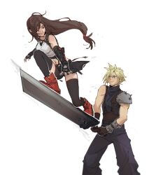 Rule 34 | 1boy, 1girl, arm guards, armor, baggy pants, bike shorts under skirt, black gloves, black skirt, black thighhighs, blonde hair, blue eyes, boots, brown hair, buster sword, closed mouth, cloud strife, commentary, crop top, elbow gloves, english commentary, feet out of frame, fighting stance, final fantasy, final fantasy vii, final fantasy vii rebirth, final fantasy vii remake, fingerless gloves, floating hair, full body, gloves, hair between eyes, highres, holding, holding sword, holding weapon, huge weapon, long hair, looking at another, low-tied long hair, midriff, navel, pants, pudelmudel, red eyes, red footwear, shoulder armor, single bare shoulder, skirt, sleeveless, sleeveless turtleneck, smile, spiked hair, standing, standing on sword, suspender skirt, suspenders, sweater, swept bangs, sword, tank top, thighhighs, tifa lockhart, turtleneck, turtleneck sweater, very long hair, weapon, white background, white tank top