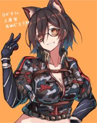 Rule 34 | 1girl, animal ear fluff, animal ears, black-framed eyewear, blush, breasts, brown hair, camouflage, cat ears, chest harness, cleavage, closed eyes, cropped jacket, extra ears, glasses, grin, harness, highres, hololive, inre kemomimi, jacket, large breasts, looking at viewer, mechanical arms, orange background, partially unzipped, roboco-san, roboco-san (1st costume), short hair, short sleeves, simple background, smile, solo, upper body, virtual youtuber, yellow eyes