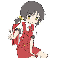 Rule 34 | 1girl, arm between legs, backpack, bag, black hair, blush stickers, bright pupils, child, collared shirt, dress, expressionless, feet out of frame, fusazakura, hair bobbles, hair ornament, hand up, highres, invisible chair, jitome, kaai yuki, looking at viewer, medium hair, necktie, open mouth, outstretched arm, pinafore dress, puffy short sleeves, puffy sleeves, randoseru, red bag, red dress, red necktie, shirt, short dress, short sleeves, simple background, sitting, sleeveless, sleeveless dress, solo, v, vocaloid, white background, white pupils, white shirt, yellow eyes