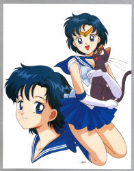 Rule 34 | 1990s (style), animal, bishoujo senshi sailor moon, black cat, blue eyes, blue hair, blue neckwear, blue sailor collar, border, cat, choker, elbow gloves, gloves, highres, holding, holding animal, leotard, looking at viewer, luna (sailor moon), magical girl, miniskirt, mizuno ami, multiple views, non-web source, official art, open mouth, pleated skirt, retro artstyle, sailor collar, sailor mercury, sailor senshi, scan, short hair, simple background, skirt, smile, tiara, white background