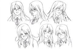 Rule 34 | 1girl, annoyed, asougi rin, closed eyes, concept art, expressions, glasses, happy, long hair, looking at viewer, mnemosyne, monochrome, necktie, office lady, official art, open mouth, pout, smile, solo, surprised