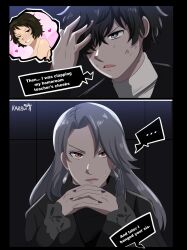 Rule 34 | ..., 1boy, 2girls, absurdres, amamiya ren, artist name, black hair, bruise, closed mouth, commentary, earrings, english commentary, english text, grey eyes, grey hair, hair between eyes, heart, highres, indoors, injury, jewelry, karbuitt, kawakami sadayo, long hair, looking at viewer, multiple girls, niijima sae, nude, one eye closed, open mouth, persona, persona 5, red eyes, short hair, smile, speech bubble, sweatdrop, teeth, thought bubble, upper body