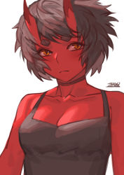 Rule 34 | 1girl, black choker, black dress, black hair, breasts, choker, cleavage, closed mouth, colored skin, dress, horns, kidouko (zakusi), looking at viewer, medium breasts, oni, oni horns, orange eyes, original, red oni, red skin, short eyebrows, short hair, signature, simple background, slit pupils, solo, thick eyebrows, upper body, white background, zakusi