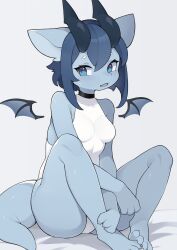 Rule 34 | 1girl, animal ears, bare shoulders, blue eyes, blue hair, blue skin, bottomless, breasts, clothes lift, colored skin, detached wings, dragon girl, dragon horns, dragon wings, furry, furry female, highres, horns, leotard, liteee, looking to the side, medium breasts, open mouth, original, short eyebrows, sitting, slit pupils, thick tail, thighs, white background, white leotard, wings