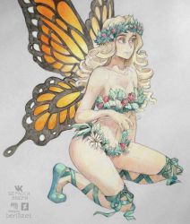 Rule 34 | 1girl, bare shoulders, berloga zverya, blonde hair, breasts, butterfly wings, collarbone, curly hair, fairy, flower, flower clothes, flower on head, full body, head wreath, heroes of might and magic, heroes of might and magic iii, insect wings, long hair, medium breasts, might and magic, navel, ribbon, shoes, simple background, solo, squatting, underwear, wings, yellow eyes