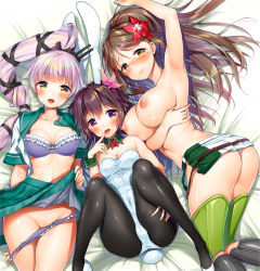 Rule 34 | 3girls, :p, amagi (kancolle), animal ears, arm up, armpits, ass, black legwear, blue panties, blush, breasts, brown eyes, brown hair, cleavage, clothes lift, clothes pull, collarbone, crescent, crescent pin, detached collar, fake animal ears, finger to mouth, flower, girl sandwich, groin, hair between eyes, hair flower, hair ornament, hair ribbon, hand on own thigh, high heels, high ponytail, hip vent, japanese clothes, kantai collection, kisaragi (kancolle), knees up, large breasts, leaf, leaf hair ornament, leotard, lifting own clothes, long hair, looking at viewer, lying, maple leaf, medium breasts, minami (apricot tea), mole, mole under eye, multiple girls, nipples, on back, on side, open clothes, open mouth, panties, panty tug, pantyhose, pink hair, playboy bunny, pleated skirt, ponytail, pumps, rabbit ears, rabbit tail, remodel (kantai collection), ribbon, sandwiched, school uniform, serafuku, sidelocks, skirt, skirt lift, smile, tail, thighhighs, thighs, tongue, tongue out, topless, twisted torso, underwear, very long hair, white leotard, wide ponytail, wrist cuffs, yura (kancolle)