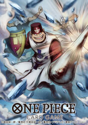 Rule 34 | 4boys, attack, boots, commentary request, hat, holding, holding shield, holding weapon, jolly roger, long sleeves, looking at viewer, marine (one piece), marine uniform (one piece), multiple boys, nekobayashi, official art, one piece, one piece card game, open mouth, pebble, red shirt, shield, shirt, smile, speed jiru, weapon, whitebeard pirates jolly roger