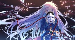 Rule 34 | 1girl, backlighting, blue shirt, blurry, blurry foreground, branch, cherry blossoms, circle, colored eyelashes, constricted pupils, covering own mouth, floating hair, hair between eyes, hata no kokoro, highres, holding, holding mask, katee, long hair, long sleeves, looking at viewer, mask, noh mask, pink hair, pink skirt, plaid, plaid shirt, purple eyes, shiny skin, shirt, skirt, solo, star (symbol), touhou, triangle, untucked shirt, upper body, very long hair, wind