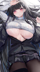 Rule 34 | 1girl, absurdres, black hair, black pantyhose, black suit, blue archive, blunt bangs, blush, breasts, bright pupils, clothes lift, formal, hair ornament, hair spread out, hairclip, highres, holster, large breasts, long hair, looking at viewer, lshiki, lying, pantyhose, red eyes, revision, ribbed sweater, rio (blue archive), sketch, suit, sweat, sweater, sweater lift, thigh holster, turtleneck, turtleneck sweater, very long hair, white sweater