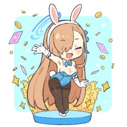Rule 34 | 1girl, animal ears, arm up, armpits, asuna (blue archive), asuna (bunny) (blue archive), bare shoulders, blue archive, blue bow, blue bowtie, blue halo, blue leotard, blue ribbon, bow, bowtie, breasts, card, chibi, closed eyes, coin, commentary, covered navel, fake animal ears, full body, gloves, hair ribbon, halo, highleg, highleg leotard, large breasts, leaning forward, leotard, light brown hair, long hair, mole, mole on breast, official alternate costume, onyhakase, pantyhose, playboy bunny, rabbit ears, rabbit tail, ribbon, smile, solo, sparkle, standing, strapless, strapless leotard, tail, thighband pantyhose, very long hair, white footwear, white gloves