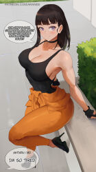 Rule 34 | 1girl, araneesama, arm support, bare shoulders, black choker, black footwear, black gloves, blunt bangs, breasts, brown hair, choker, closed mouth, collarbone, commentary, covered erect nipples, curvy, en&#039;en no shouboutai, english commentary, english text, fingerless gloves, gloves, high heels, highres, impossible clothes, large breasts, ledge, maki oze, medium hair, orange overalls, overalls, overalls rolled up, paid reward available, plant, purple eyes, skin tight, smile, solo, speech bubble, thighs
