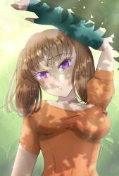 Rule 34 | breasts, brown hair, diane (nanatsu no taizai), fingerless gloves, gloves, highres, large breasts, medium hair, nanatsu no taizai, purple eyes, short sleeves, tomato 04ak, twintails