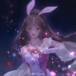 Rule 34 | 1girl, animal ears, artist request, bare shoulders, blush, braid, breasts, brown hair, circle, douluo dalu, dress, falling petals, highres, long hair, looking at viewer, medium breasts, night, parted lips, petals, pink dress, rabbit ears, second-party source, solo, square, teeth, upper body, xiao wu (douluo dalu)