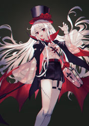 Rule 34 | 1girl, arknights, bag, belt, black hat, blood, blood bag, cape, character name, coffin, earrings, feet out of frame, floating hair, flower, gloves, hand up, hat, hat flower, highres, holding, holding scythe, jewelry, long hair, long sleeves, official alternate costume, open mouth, pale skin, pointy ears, popped collar, red eyes, redstealth, satchel, scythe, shirt, shorts, solo, stitches, top hat, vampire, warfarin (arknights), warfarin (the feast) (arknights), white gloves, white hair, white shirt, wide sleeves