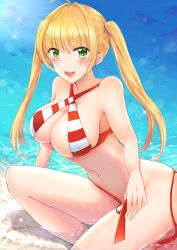 Rule 34 | 1girl, :d, bikini, blonde hair, breasts, bunsai, cleavage, commentary request, earrings, fate/grand order, fate (series), green eyes, hair intakes, halterneck, highres, jewelry, large breasts, nero claudius (fate), nero claudius (fate) (all), nero claudius (swimsuit caster) (fate), ocean, open mouth, revision, smile, solo, striped bikini, striped clothes, swimsuit, twintails, untied bikini, water