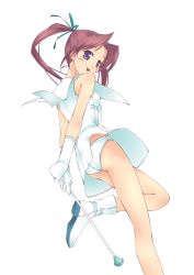 Rule 34 | 1girl, ass, baton, blush, boots, brown hair, character request, f-ism, from below, gloves, highres, long hair, majorette, murakami suigun, panties, pantyshot, ponytail, purple eyes, simple background, smile, solo, standing, standing on one leg, twintails, twirl baton, underwear, upskirt, white background, wind, wind lift