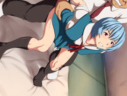 Rule 34 | 1girl, ayanami rei, bent over, blue hair, blush, breasts, clenched teeth, clothed sex, collared shirt, doggystyle, feet, futon, highres, indoors, legs, looking away, maku (l-u), necktie, neon genesis evangelion, no panties, no shoes, red eyes, school uniform, sex, sex from behind, shirt, short hair, short sleeves, small breasts, socks, solo focus, teeth, thighs, vaginal