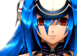 Rule 34 | 00s, 1girl, blue hair, female focus, headphones, kos-mos, looking at viewer, portrait, red eyes, simple background, solo, source request, staring, xenosaga