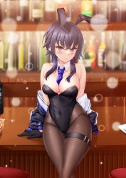Rule 34 | 1girl, animal ears, bar (place), bare shoulders, between breasts, black gloves, black hair, black jacket, black leotard, black pantyhose, blue hair, blue necktie, blurry, blurry background, breasts, cleavage, commentary request, counter, cowboy shot, detached collar, fake animal ears, gloves, highres, hisame shiki, ichinose uruha, jacket, large breasts, leotard, long hair, medium breasts, multicolored hair, necktie, necktie between breasts, pantyhose, playboy bunny, purple eyes, rabbit ears, solo, strapless, strapless leotard, streaked hair, virtual youtuber, vspo!