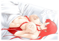Rule 34 | 1girl, bed, bed sheet, blue eyes, blush, braid, breasts, covering privates, covering breasts, female focus, hong meiling, large breasts, long hair, lying, naked sheet, niwatazumi, no headwear, no headwear, nude, on back, red hair, sketch, solo, touhou, twin braids