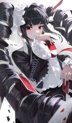 Rule 34 | 1girl, absurdres, aimitkkays, black hair, black nails, bonnet, card, celestia ludenberg, center frills, claw ring, closed mouth, commentary, danganronpa: trigger happy havoc, danganronpa (series), drill hair, earrings, frills, gothic lolita, highres, holding, holding card, jacket, jewelry, lolita fashion, long hair, long sleeves, looking at viewer, nail polish, necktie, red eyes, red necktie, smile, solo, twin drills, twintails