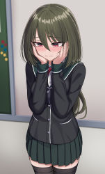 Rule 34 | 1girl, absurdres, black jacket, black thighhighs, blazer, blush, buttons, closed mouth, cowboy shot, green hair, green skirt, hair between eyes, hands on own cheeks, hands on own face, highres, jacket, long hair, long sleeves, original, pleated skirt, red eyes, sayano (yakob labo), school uniform, skirt, solo, thighhighs, yakob labo