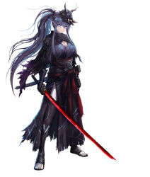 Rule 34 | 1girl, akiyama rinko, armor, blue hair, breasts, cape, cleavage, dark persona, glowing, glowing eye, highres, holding, holding sword, holding weapon, japanese clothes, k-suwabe, katana, large breasts, long hair, mask, obi, official art, oni mask, pale skin, ponytail, purple eyes, sandals, sash, serious, sheath, sword, taimanin (series), taimanin rpgx, thighhighs, torn cape, torn clothes, weapon, white background