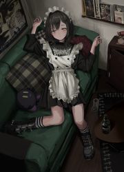 Rule 34 | 1girl, absurdres, apron, belt boots, black dress, black footwear, black hair, black nails, blush, boots, bottle, buttons, cabinet, closed mouth, clothes writing, copyright request, couch, double-breasted, dress, fingernails, furby, gishiki (gshk), hair between eyes, highres, indoors, jitome, kirby (series), kirby and the amazing mirror, long sleeves, looking at viewer, lying, magazine (object), maid, maid apron, maid headdress, medium hair, nail polish, nintendo, on back, on couch, original, pillow, poster (object), rug, shadow kirby, solo, table, white apron, yellow eyes