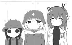 Rule 34 | 3girls, a.i. voice, adachi rei, brodie helmet, chito (shoujo shuumatsu ryokou), combat helmet, commentary, concrete, crossover, fur-trimmed hood, fur trim, greyscale, hair ornament, hair over one eye, hair ribbon, hairclip, headlamp, helmet, highres, hood, hood down, hooded coat, jacket, lineup, long hair, long sleeves, looking at another, looking at viewer, looking to the side, low twintails, medium hair, monochrome, multiple girls, one side up, open clothes, open jacket, radio antenna, ribbon, shirt, shoujo shuumatsu ryokou, small sweatdrop, stahlhelm, straight-on, symbol-only commentary, tomin (tomin 90), turtleneck, turtleneck shirt, twintails, upper body, utau, yuuri (shoujo shuumatsu ryokou)