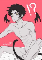 Rule 34 | !, 1boy, ?, abs, bed, belly, black hair, closed mouth, demon tail, demon wings, devilman, devilman crybaby, eyebrows, fudou akira, male focus, nude, red background, short hair, simple background, sitting, solo, stomach, tail, wings, yellow eyes