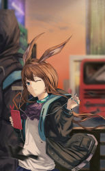Rule 34 | 1girl, 1other, ;), absurdres, ambiguous gender, amiya (arknights), animal ears, arknights, ascot, black jacket, blue ascot, blue collar, blue eyes, blurry, blurry background, brown hair, cellphone, collar, doctor (arknights), earbuds, earphones, hale (user tkwy8275), hand up, highres, holding, holding earphones, holding phone, hood, hood down, hooded jacket, implied extra ears, jacket, jewelry, long hair, looking at viewer, multiple rings, neck ring, one eye closed, phone, rabbit ears, rabbit girl, ring, shirt, smartphone, smile, solo focus, upper body, white shirt