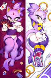 Rule 34 | 1girl, animal ears, ass, back cutout, blaze the cat, breasts, card, cat ears, cat girl, cat tail, cleft of venus, clothes lift, clothing cutout, crotch cutout, cuddly octopus, dakimakura (medium), dress, dress lift, eyelashes, forehead jewel, fur trim, furry, furry female, gloves, hand fan, high heels, jewelry, krokobyaka, looking at viewer, lying, medium breasts, nipples, official alternate costume, on back, pelvic curtain, pelvic curtain lift, playing card, poker chip, purple dress, purple fur, pussy, red footwear, ring, shoes, single shoe, smile, sneakers, sonic (series), sonic riders, surfboard, tail, the murder of sonic the hedgehog, thick thighs, thigh scrunchie, thighs, toes, unworn footwear, white gloves, wide hips, yellow eyes