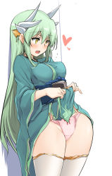 Rule 34 | 1girl, blush, clothes lift, commentary, dress, dress lift, fate/grand order, fate (series), flying sweatdrops, green hair, heart, japanese clothes, kiyohime (fate), long hair, momio, panties, pelvic curtain, pink panties, solo, thighhighs, underwear, white thighhighs, yellow eyes