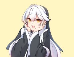 Rule 34 | 1girl, black robe, commentary, english commentary, habit, hair intakes, long hair, nun, open mouth, original, robe, saint udon, smile, solo, udon-udon, upper body, white hair, yellow background, yellow eyes