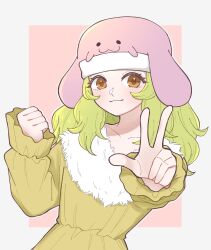 Rule 34 | 1girl, blonde hair, blush, border, clenched hand, collarbone, female focus, fur trim, hat, highres, hina (hunter x hunter), hunter x hunter, kisaragi 02468, long hair, looking at viewer, orange eyes, outline, pink hat, smile, solo, w, white outline