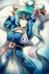 Rule 34 | 1girl, adapted costume, alternate costume, arms up, blue dress, blue eyes, blue hair, dress, flower, hair ornament, hair rings, hair stick, jewelry, kaku seiga, looking at viewer, maho moco, matching hair/eyes, necklace, obi, puffy sleeves, sash, shawl, short hair, short sleeves, simple background, smile, solo, touhou, yin yang