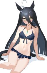 Rule 34 | 1girl, ahoge, animal ears, bare shoulders, bikini, bikini skirt, black bikini, black hair, blush, breasts, cleavage, closed mouth, commentary request, ear ornament, front-tie bikini top, front-tie top, hair between eyes, highres, horse ears, horse girl, horse tail, jewelry, long hair, looking at viewer, manhattan cafe (the bubbles that i see with you) (umamusume), manhattan cafe (umamusume), multicolored hair, navel, necklace, official alternate costume, simple background, sitting, smile, solo, stomach, streaked hair, swimsuit, tail, thighs, umamusume, white background, white hair, yellow eyes, yokozuwari, zukanosuke