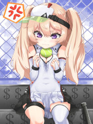 Rule 34 | 1girl, anger vein, annoyed, azur lane, bache (azur lane), bache (showy sports star) (azur lane), ball, blonde hair, breast conscious, breasts squeezed together, breasts, bridal gauntlets, chain-link fence, chinese commentary, cleavage, cleavage cutout, clothing cutout, cloud, commentary request, covered navel, day, dress, elbow gloves, fence, gloves, hands on own breasts, hat, highres, long hair, outdoors, purple eyes, racket, short dress, single thighhigh, sitting, sky, small breasts, solo, sportswear, tennis ball, tennis racket, tennis uniform, thigh strap, thighhighs, thighs, twintails, visor cap, white dress, white gloves, white thighhighs