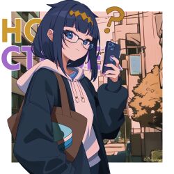 Rule 34 | 1girl, ?, alternate costume, blue-framed eyewear, blue eyes, blue hair, blue hoodie, blunt bangs, border, casual, cellphone, closed mouth, commentary, earrings, english commentary, hand in pocket, hand up, highres, holding, holding phone, hololive, hololive english, hood, hood down, hoodie, jewelry, long sleeves, looking at viewer, medium hair, meiyoshima, ninomae ina&#039;nis, outdoors, phone, purple nails, signature, smartphone, solo, stud earrings, virtual youtuber, white border