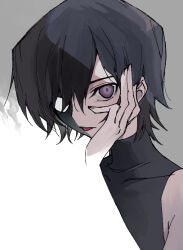 Rule 34 | 1boy, black hair, black shirt, code geass, collarbone, commentary request, constricted pupils, gradient background, grey background, hair between eyes, hand on own face, konokami harai, lelouch vi britannia, looking at viewer, male focus, partially shaded face, portrait, purple eyes, shirt, short hair, solo, tongue, tongue out, white background