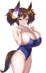 Rule 34 | 1girl, absurdres, animal ears, blue one-piece swimsuit, breasts, brown hair, cameltoe, covered navel, deefourcee, deep skin, fox mask, fox shadow puppet, green eyes, hair between eyes, hair ribbon, highleg, highleg swimsuit, highres, horse ears, horse girl, horse tail, huge breasts, inari one (umamusume), long hair, looking at viewer, mask, mask on head, one-piece swimsuit, open mouth, oppai loli, ribbon, school swimsuit, simple background, solo, swimsuit, tail, twintails, umamusume, undersized clothes, white background, yellow ribbon
