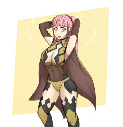 Rule 34 | 1girl, armpits, arms behind head, breasts, cape, cleavage, cleavage cutout, clothing cutout, covered navel, fire emblem, highres, hilda valentine goneril, large breasts, legs, long hair, nintendo, open mouth, pink eyes, pink hair, smile, solo, thighs, twintails