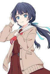 Rule 34 | 1girl, arm up, blue eyes, blue hair, blue ribbon, brown cardigan, brown dress, cardigan, closed mouth, commentary, cowboy shot, dark blue hair, dress, hair ribbon, hand up, hasu no sora school uniform, highres, light blush, link! like! love live!, long hair, long sleeves, looking at viewer, love live!, low twintails, mole, mole on neck, murano sayaka, neckerchief, ohiro, open cardigan, open clothes, pleated dress, red neckerchief, ribbon, sailor collar, sailor dress, school uniform, simple background, smile, solo, split mouth, twintails, virtual youtuber, white background, white sailor collar, winter uniform